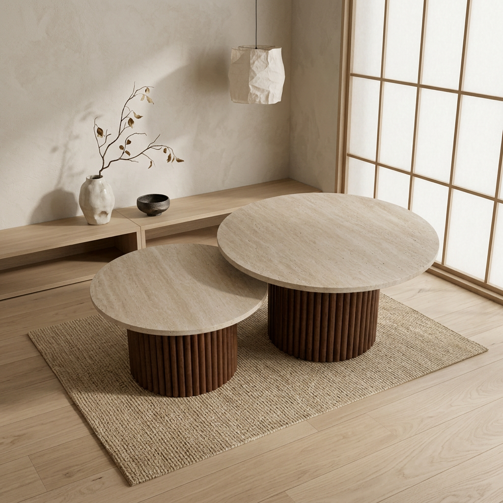 Vue de profil table japandi Duo en travertin wabi-sabi | Maison Japandi