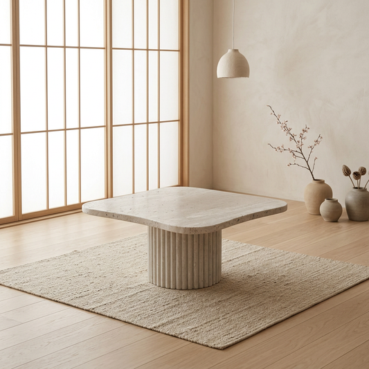 Détail travertin naturel — Table basse japandi Wabi | Maison Japandi