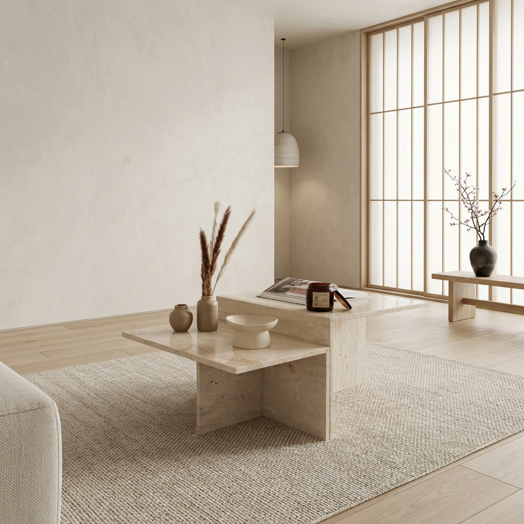 Table basse japandi Kuu en travertin — Maison Japandi