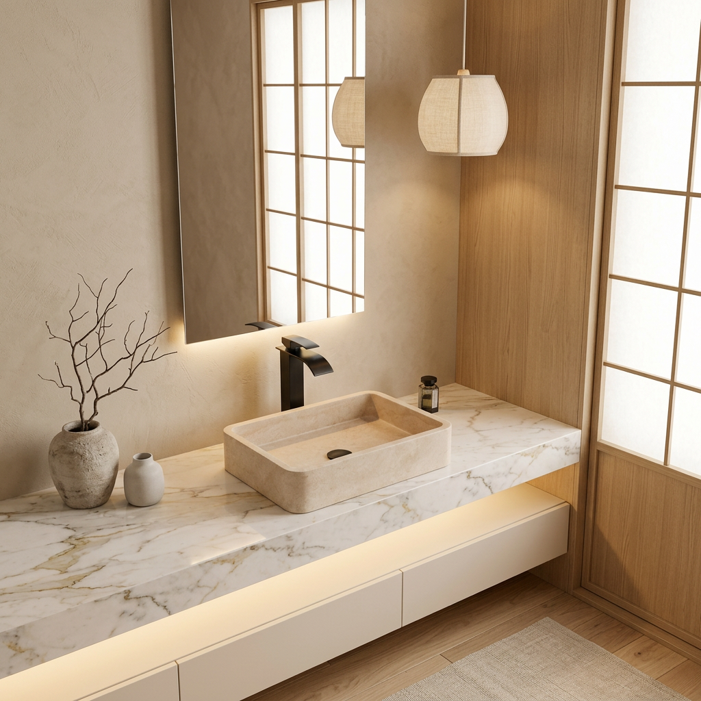 Détail travertin naturel — Vasque japandi | Maison Japandi