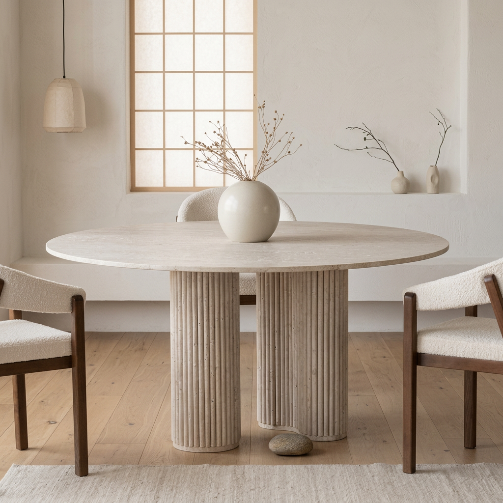 Table à manger japandi Sabi en travertin — Maison Japandi