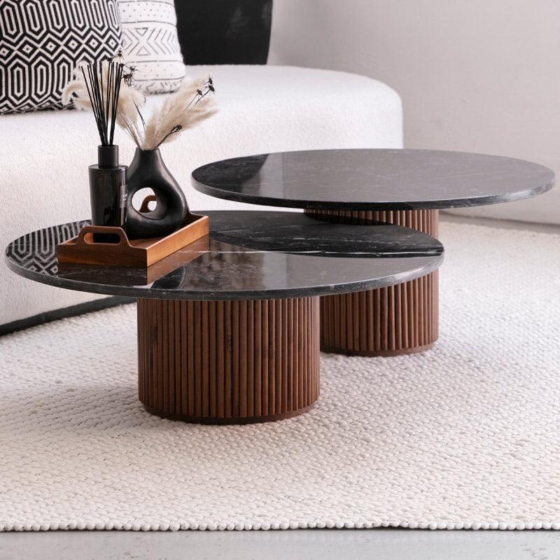 Tables Basses Gigognes Japandi Fuu en Marbre Noir et Bois – Design Élégant