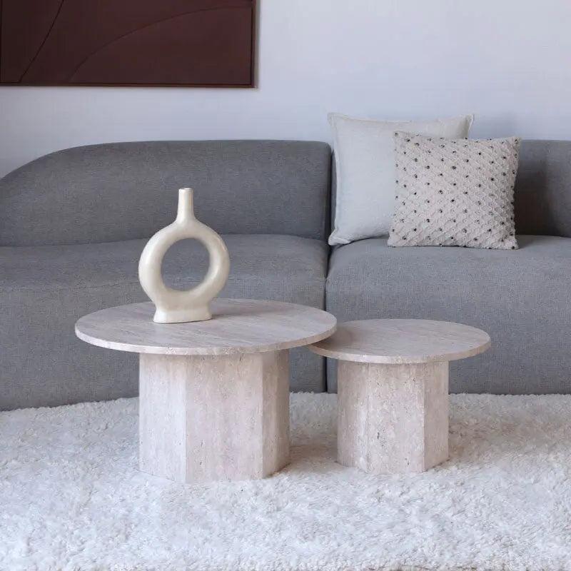 Duo de tables basses Japandi en travertin Akari - Élégance intemporelle