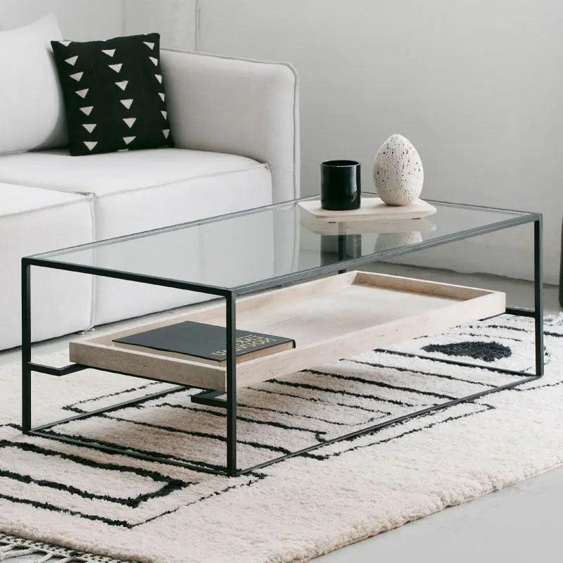 Table Basse Japandi Løv en Verre et Travertin – Design Moderne et Minimaliste