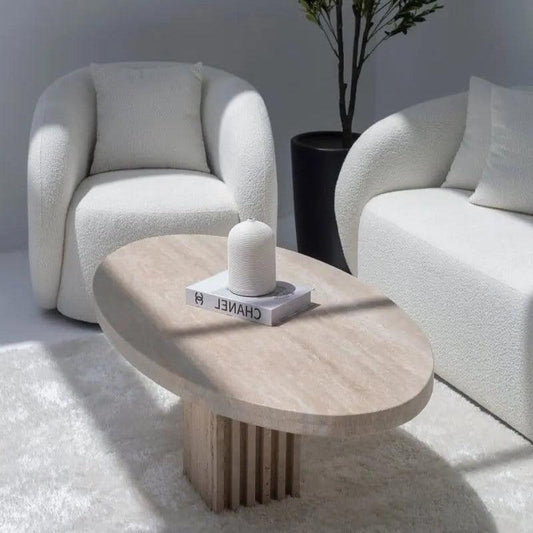 Table basse ovale Japandi Hi en Travertin – Design méditerrannéen