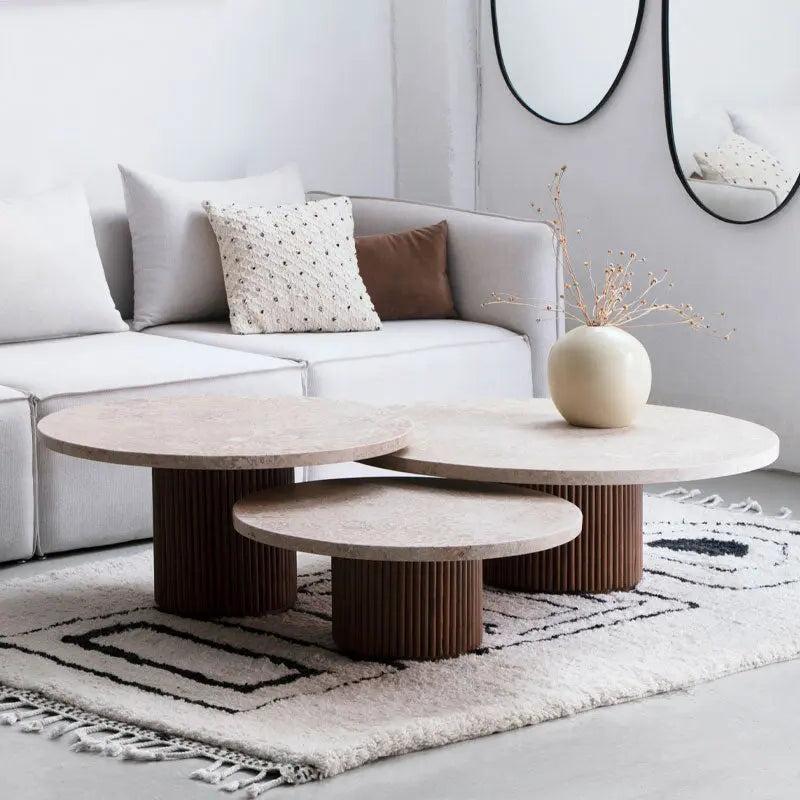 Trio de tables basses Japandi en Travertin et Bois Ma – Style authentique