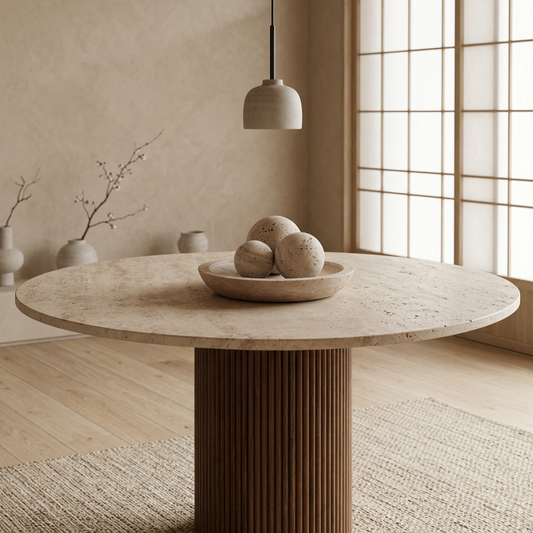 Détail travertin naturel — Table à manger japandi Nagare | Maison Japandi