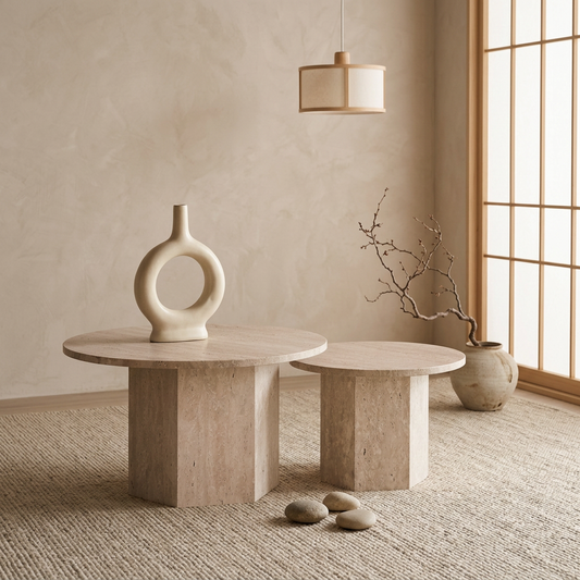 Détail travertin naturel — Table japandi Duo | Maison Japandi