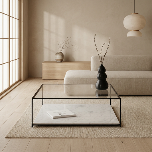 Détail marbre blanc naturel — Table basse japandi Carrée | Maison Japandi
