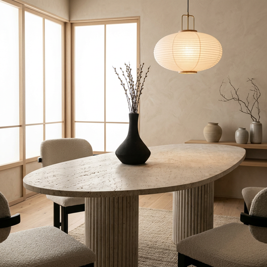 Détail travertin naturel — Table à manger japandi Seki | Maison Japandi