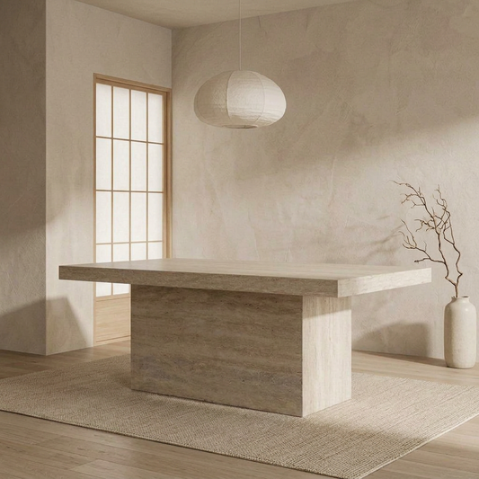 Détail travertin naturel — Table à manger japandi Klipp | Maison Japandi