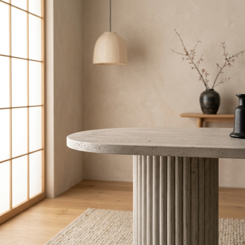 Vue de profil console japandi en travertin wabi-sabi | Maison Japandi