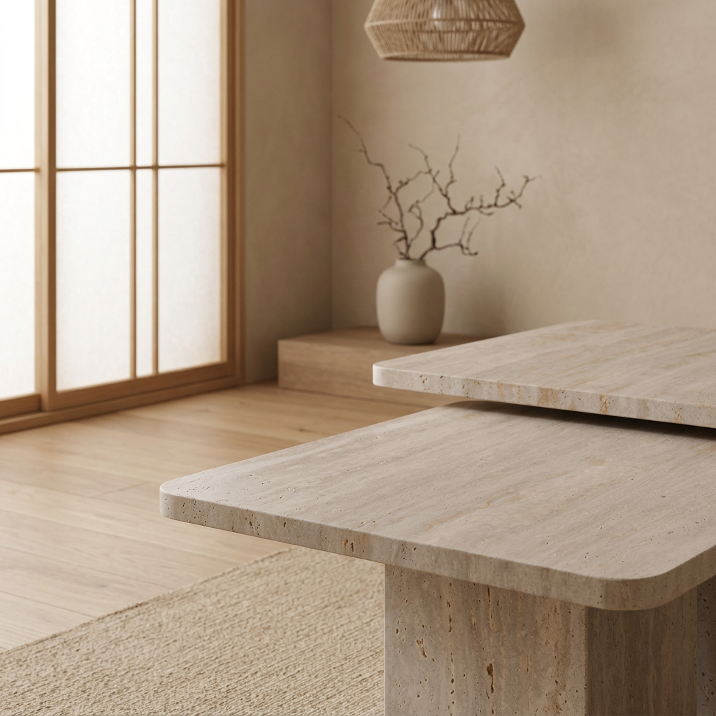 Vue de profil table japandi Tables en travertin wabi-sabi | Maison Japandi