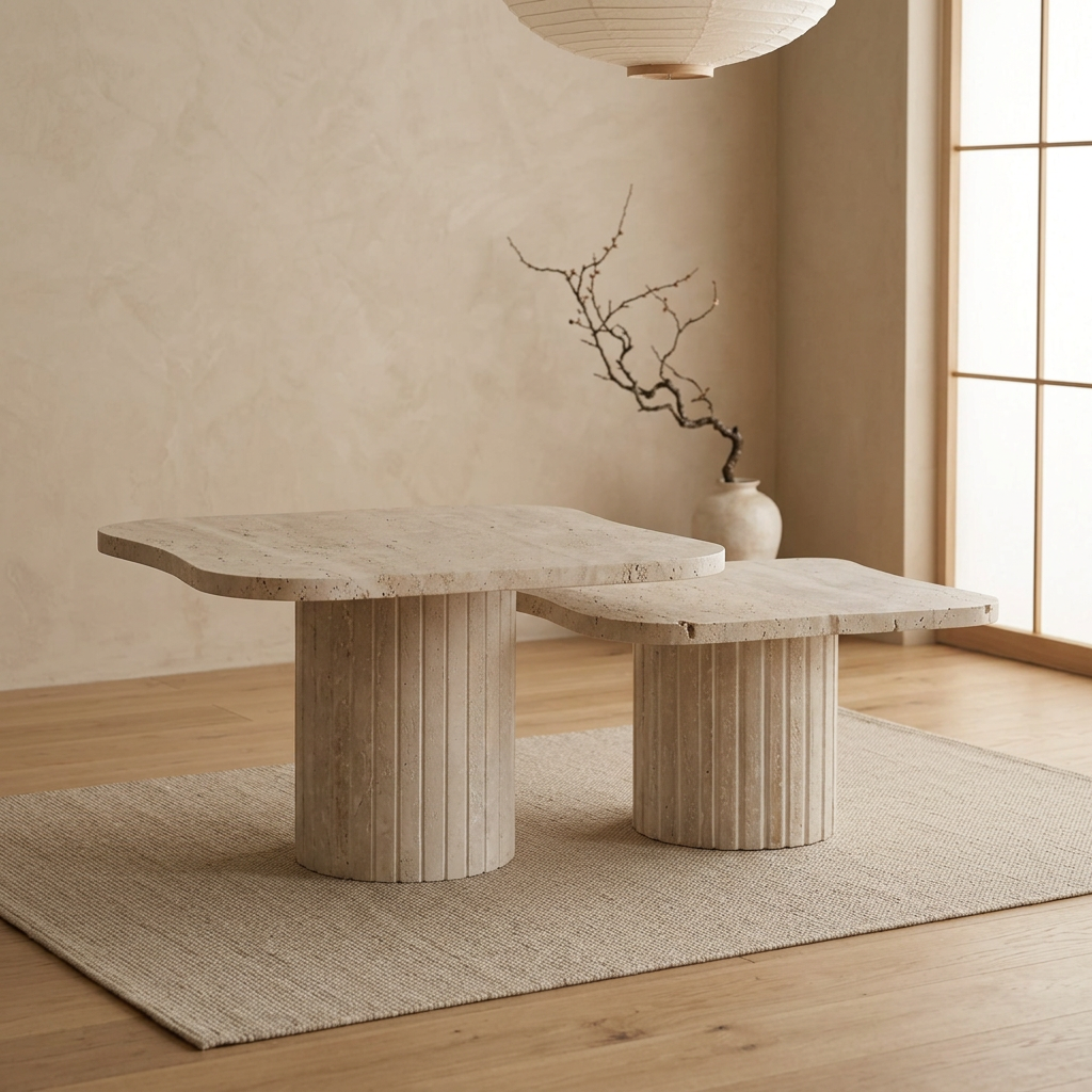 Vue de profil table japandi Tables en travertin wabi-sabi | Maison Japandi