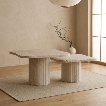 Vue de profil table japandi Tables en travertin wabi-sabi | Maison Japandi