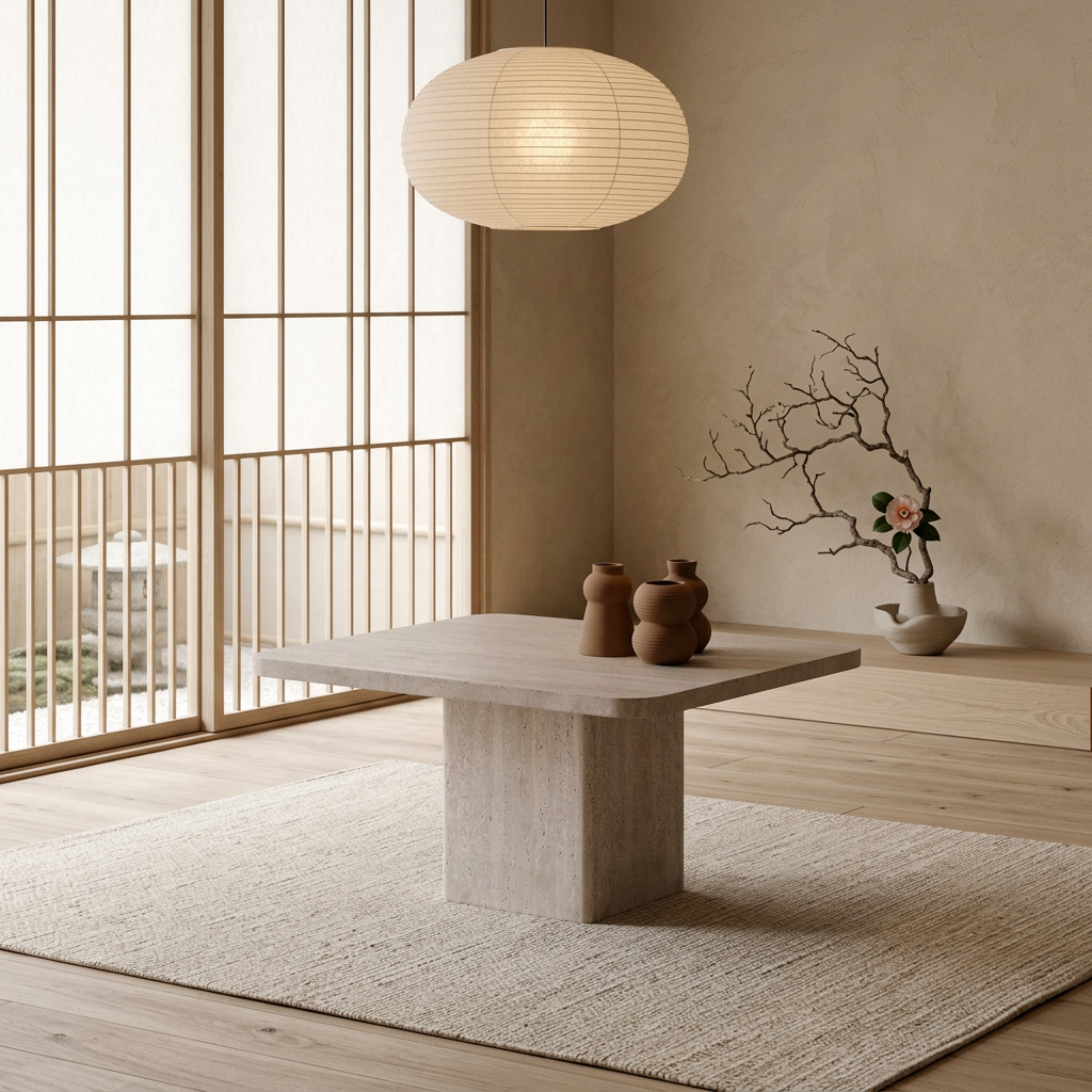 Vue de profil table basse japandi Carrée en travertin wabi-sabi | Maison Japandi
