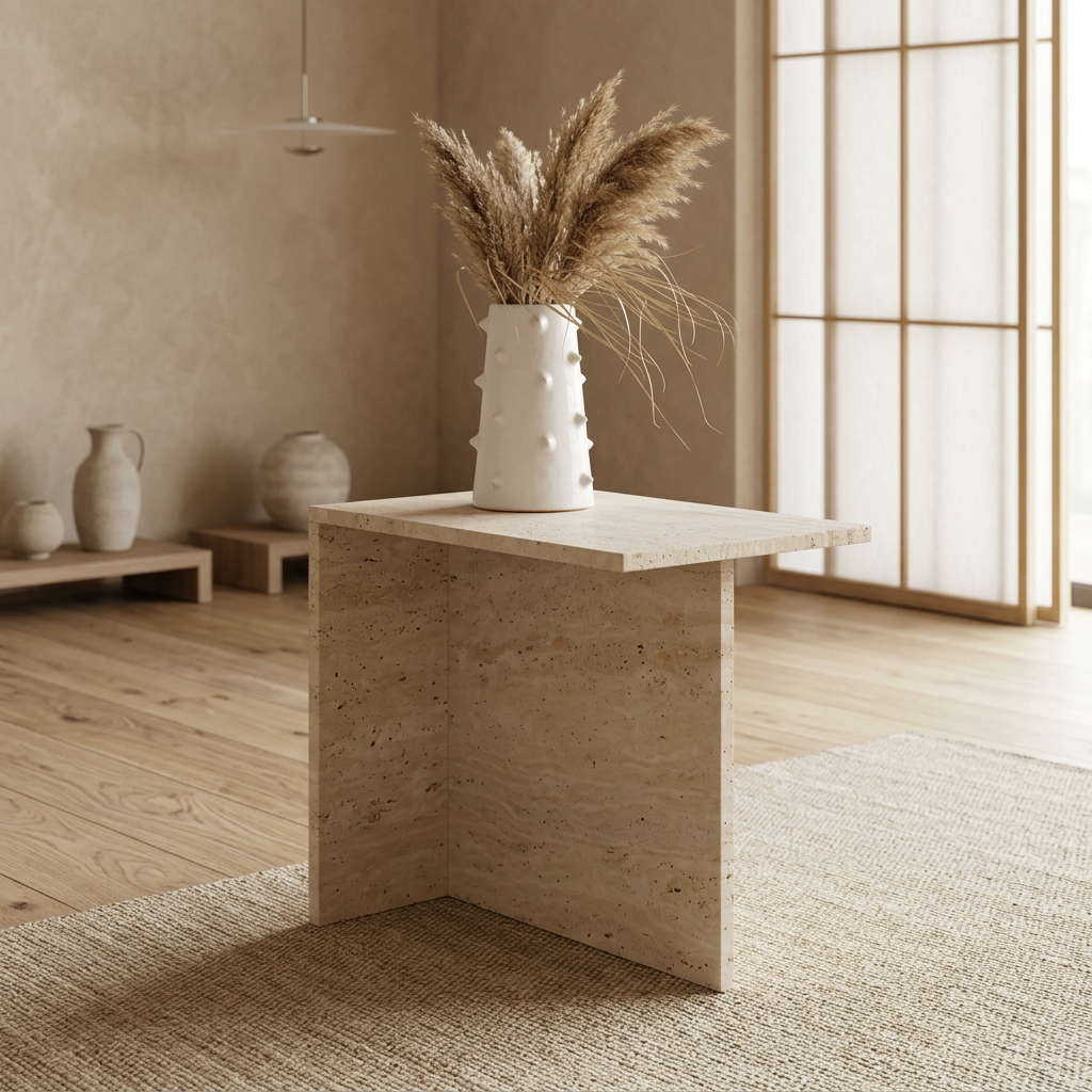 Détail travertin naturel — Table japandi | Maison Japandi