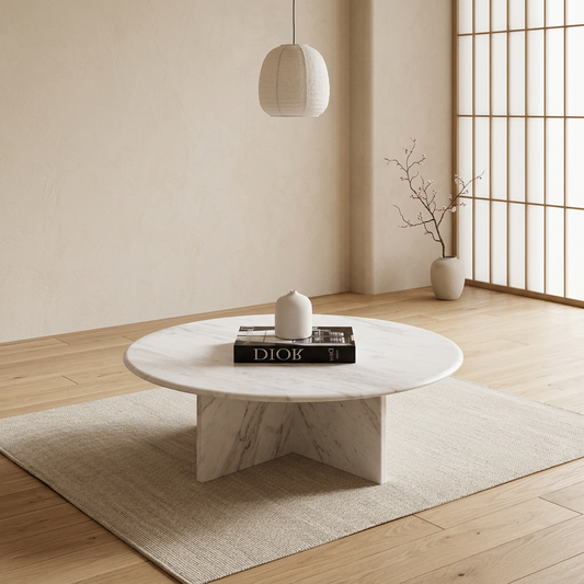 Détail marbre blanc naturel — Table basse japandi Sten | Maison Japandi
