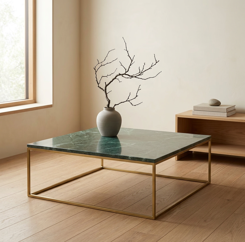 Vue de profil table basse japandi Sei en marbre wabi-sabi | Maison Japandi