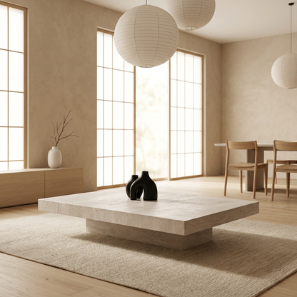 Vue de profil table basse japandi Ishi en travertin wabi-sabi | Maison Japandi