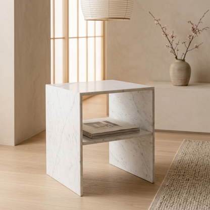 Détail marbre blanc naturel — Table de chevet japandi Tables | Maison Japandi