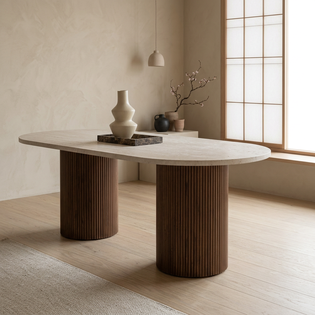 Vue de profil table à manger japandi Aki en travertin wabi-sabi | Maison Japandi