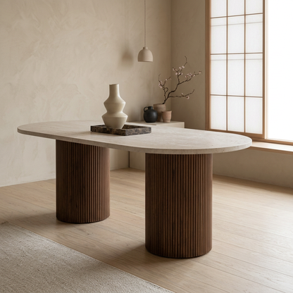 Vue de profil table à manger japandi Aki en travertin wabi-sabi | Maison Japandi