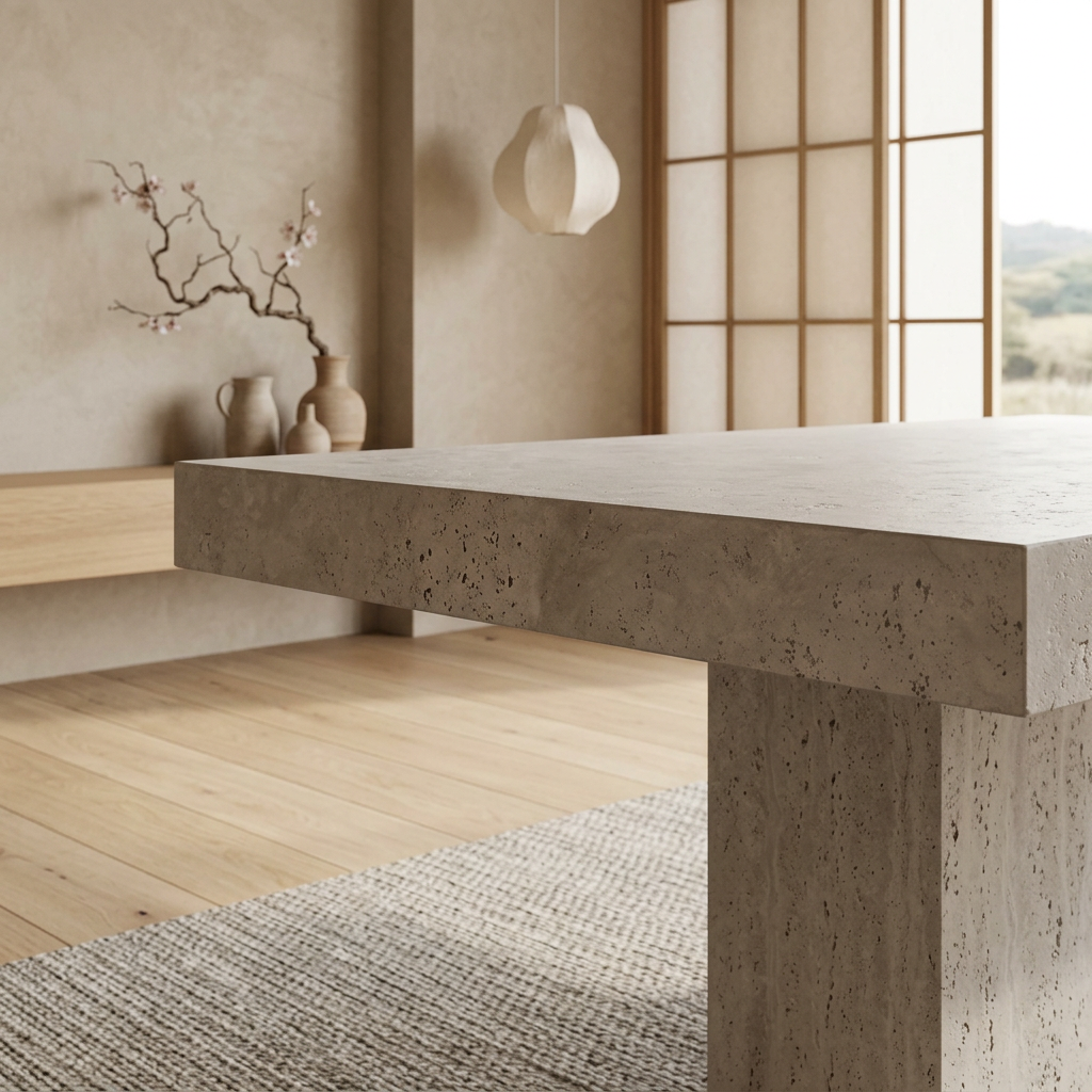 Plateau travertin — table à manger japandi Klipp artisanal | Maison Japandi