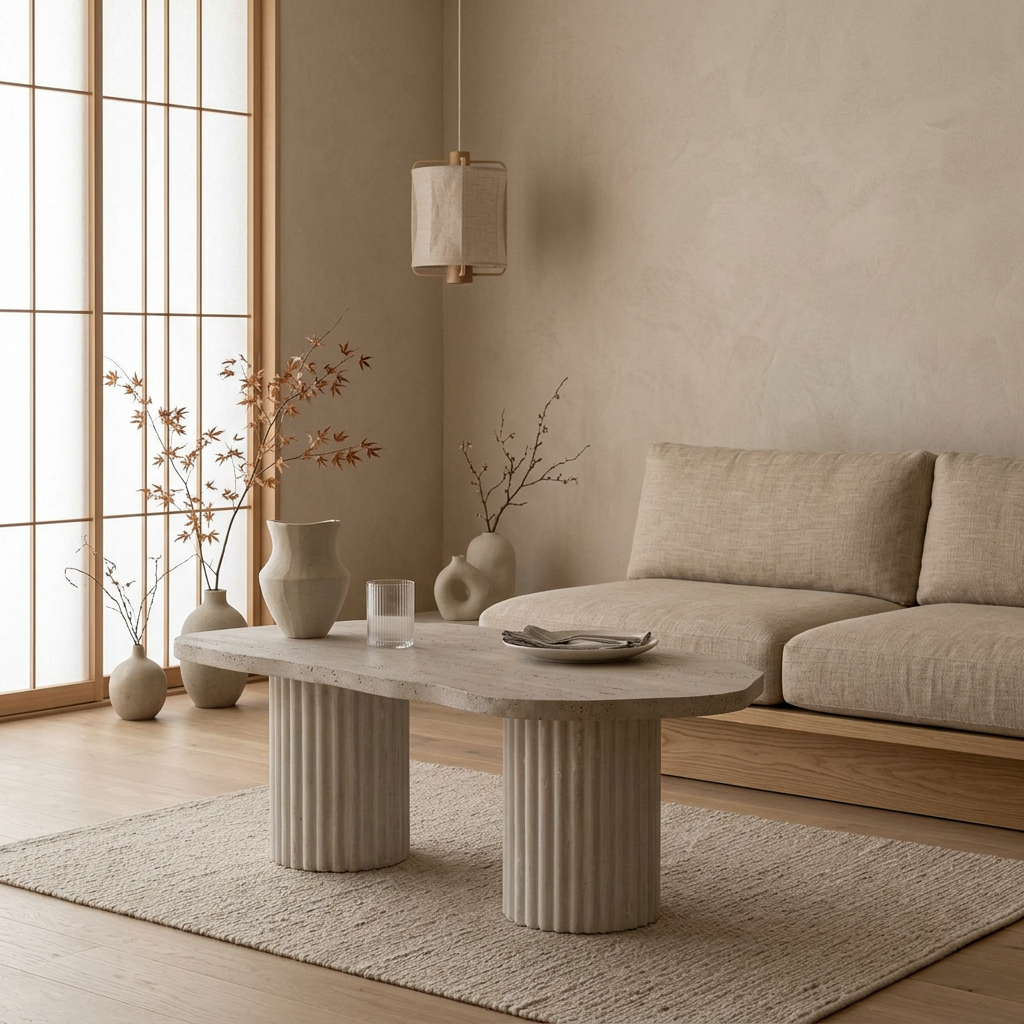 Table basse japandi Hagi dans un intérieur japandi — Travertin | Maison Japandi