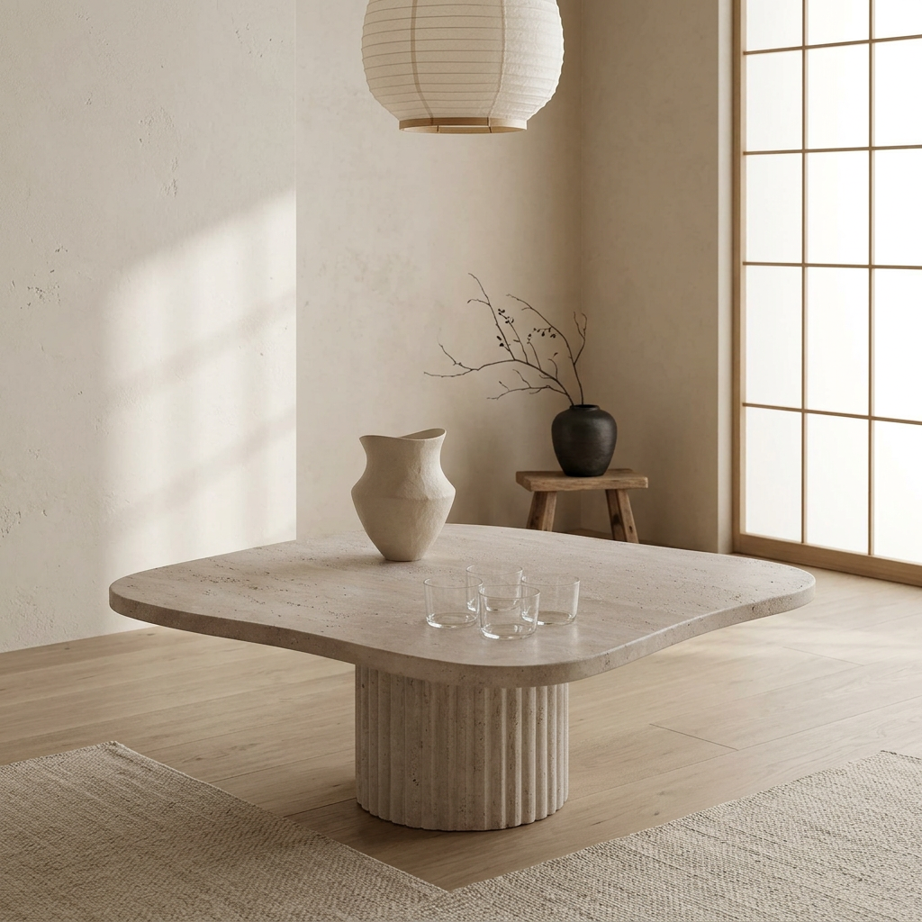 Table basse japandi Shiro en travertin — Maison Japandi