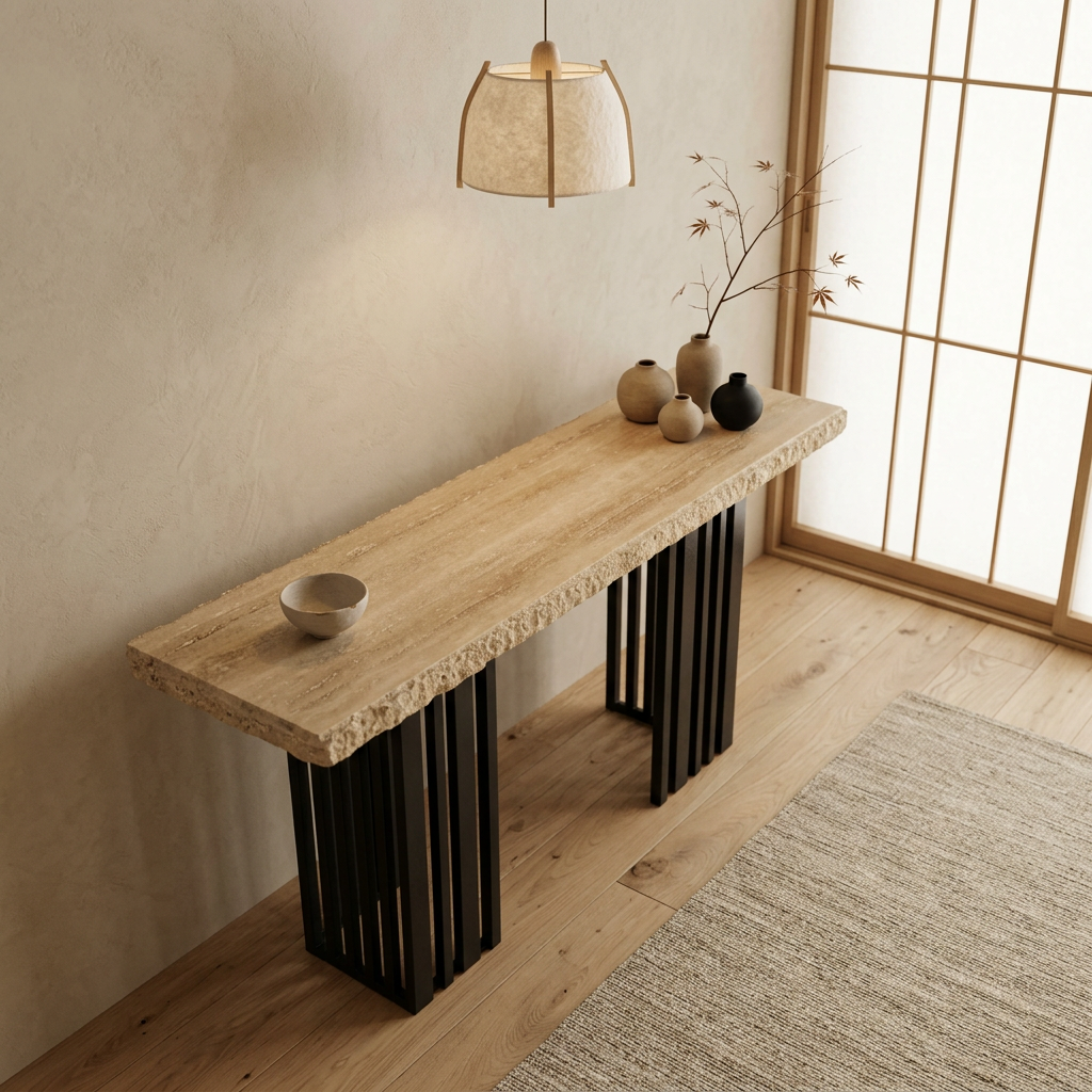 Plateau travertin — console japandi Arashi artisanal | Maison Japandi