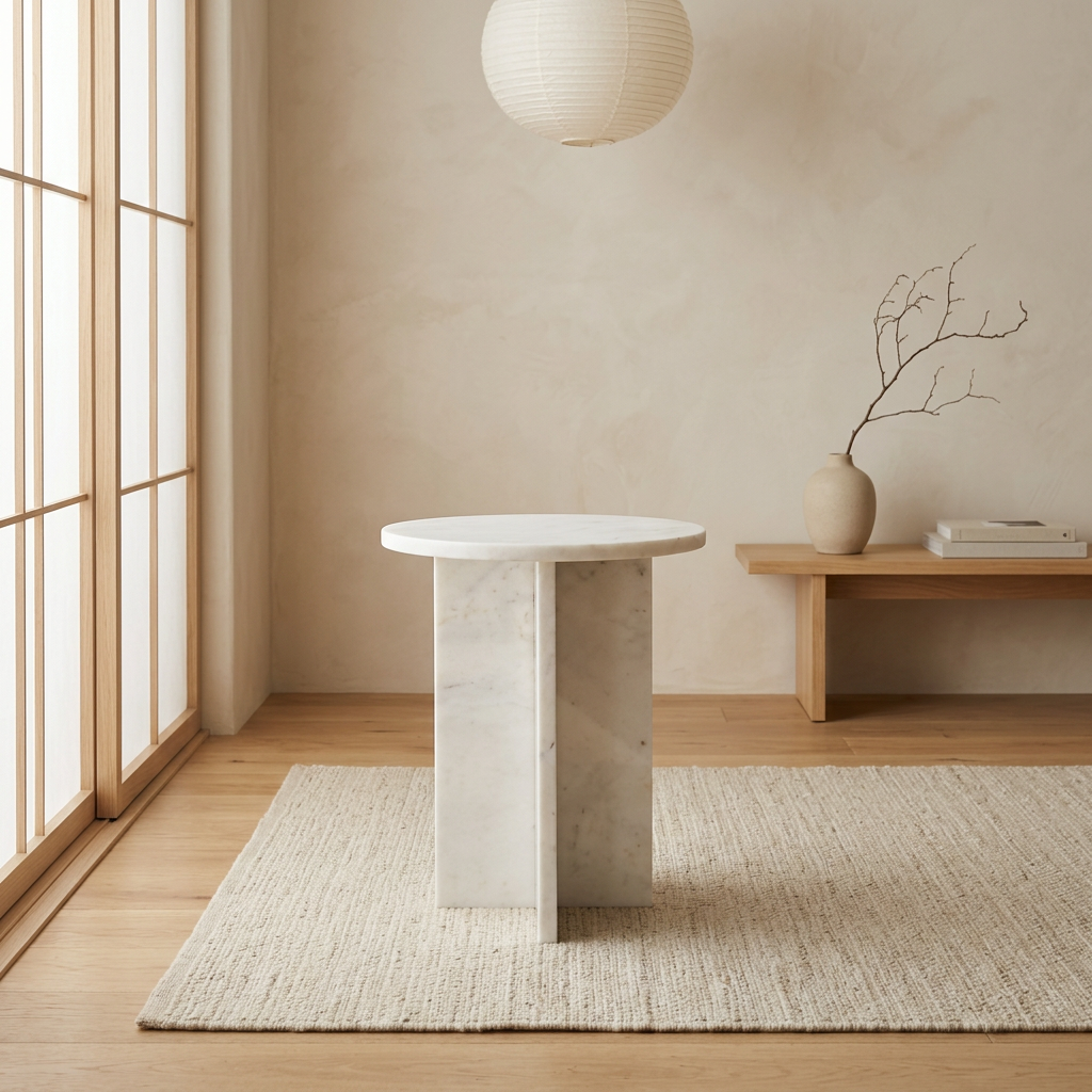 Vue de profil table de chevet japandi Koe en marbre blanc wabi-sabi | Maison Japandi