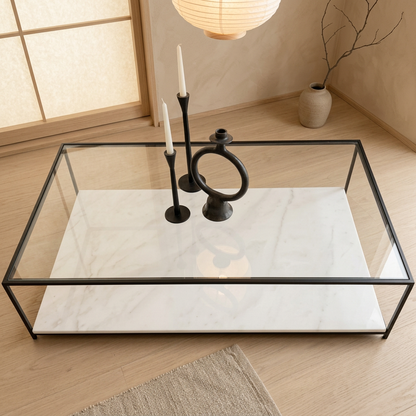 Vue de profil table basse japandi Shio en marbre blanc wabi-sabi | Maison Japandi