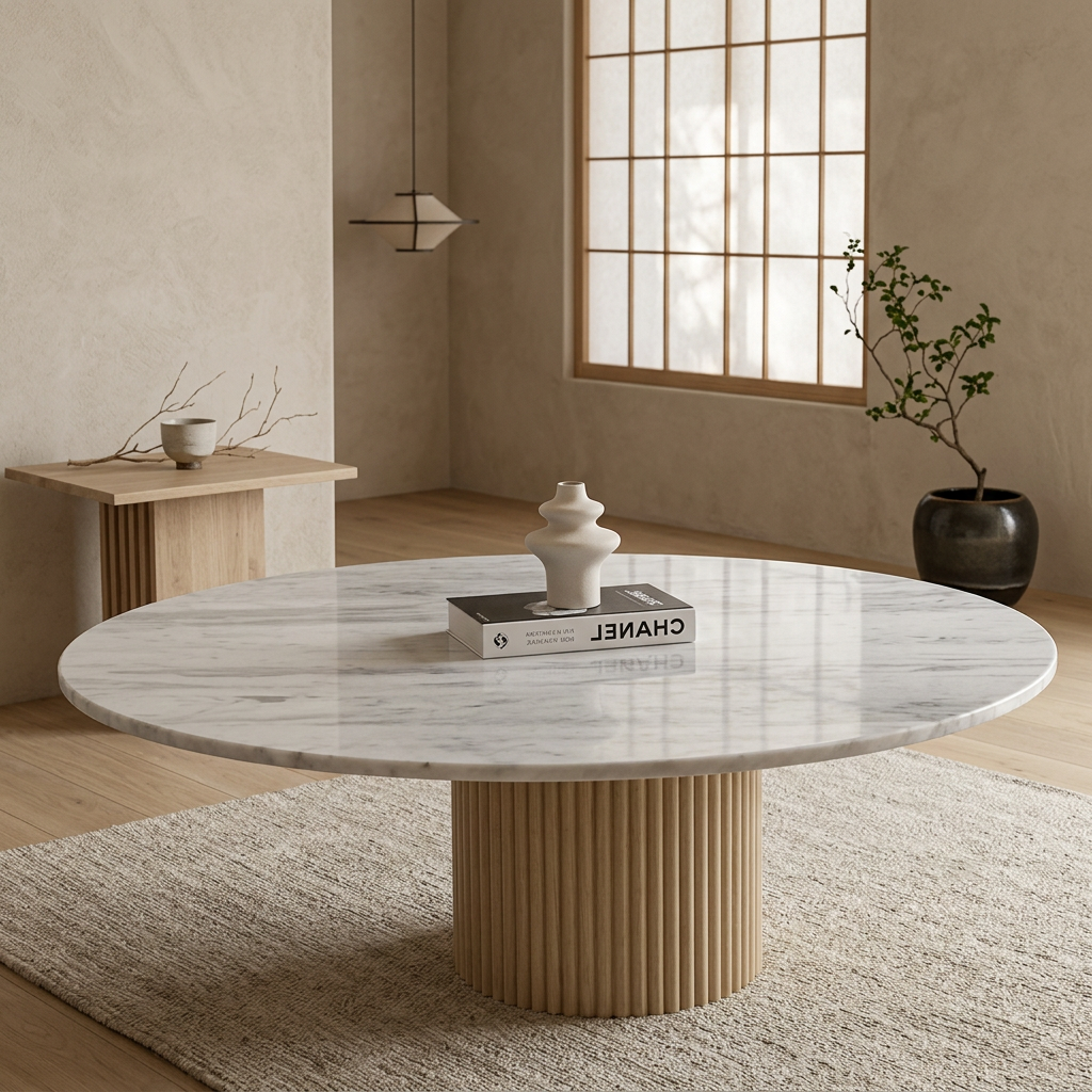 Table basse japandi Koto dans un intérieur japandi — Marbre blanc | Maison Japandi