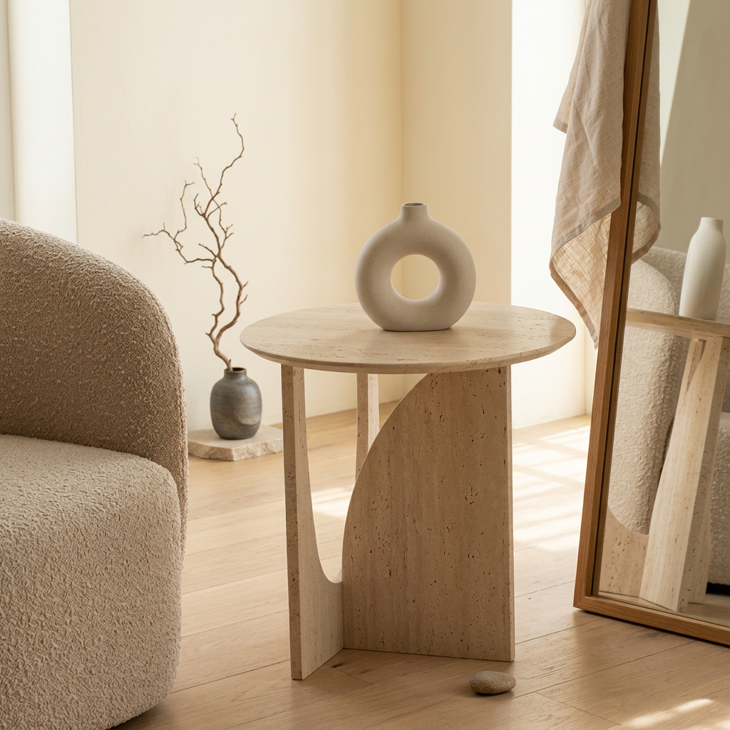 Table d'appoint japandi Sakura dans un intérieur japandi — Travertin | Maison Japandi