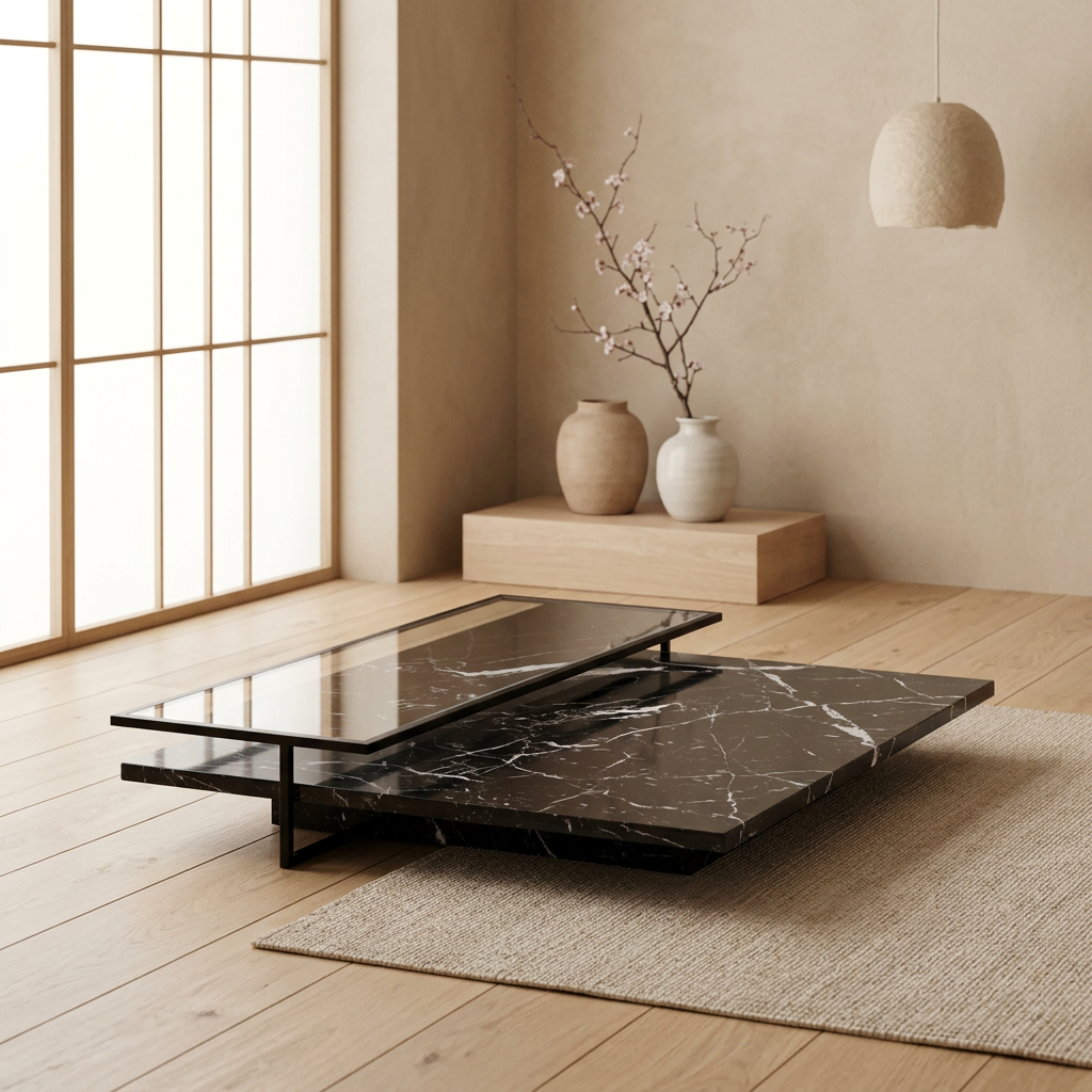 Vue de profil table japandi Tables en marbre noir wabi-sabi | Maison Japandi