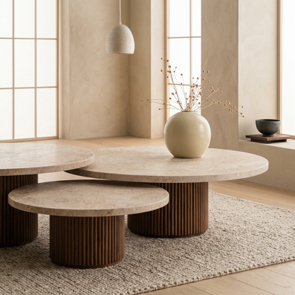 Détail travertin naturel — Table japandi Trio | Maison Japandi