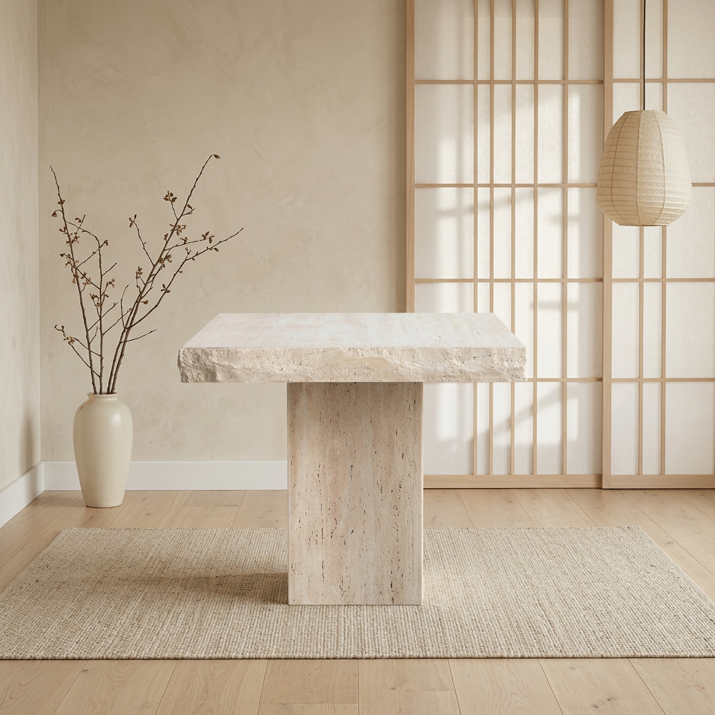 Vue de profil table japandi en travertin wabi-sabi | Maison Japandi