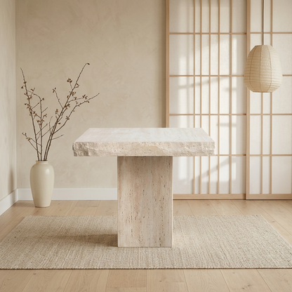Vue de profil table japandi en travertin wabi-sabi | Maison Japandi