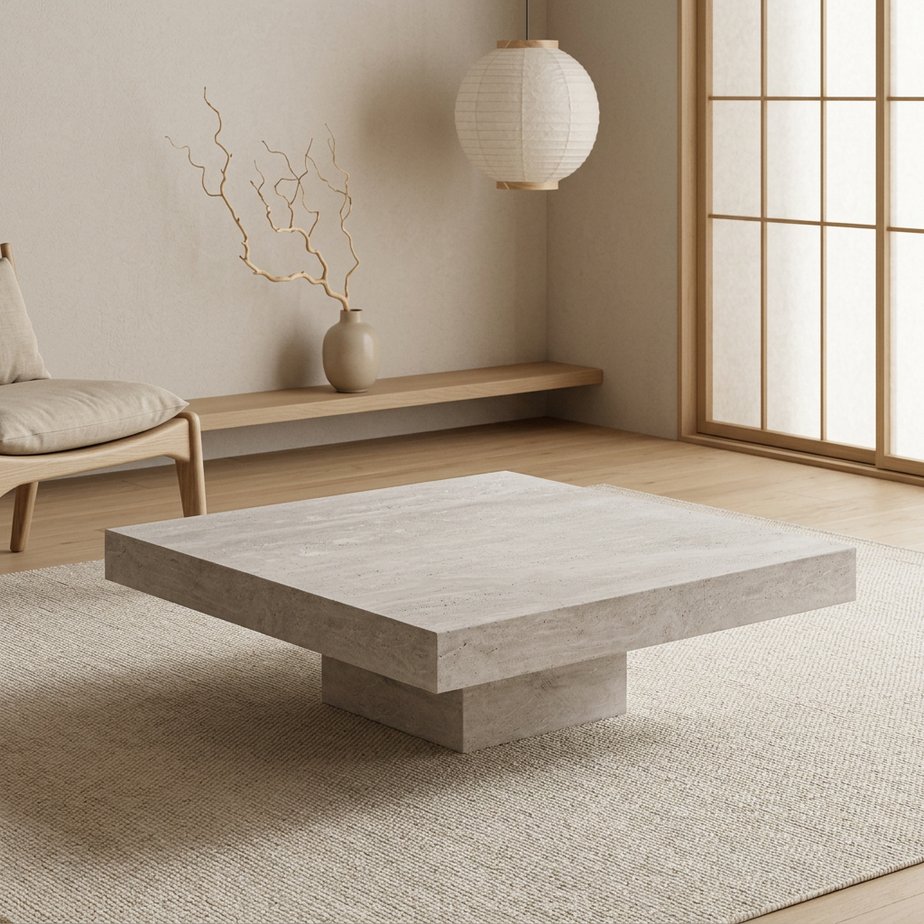 Table basse japandi Ishi dans un intérieur japandi — Travertin | Maison Japandi