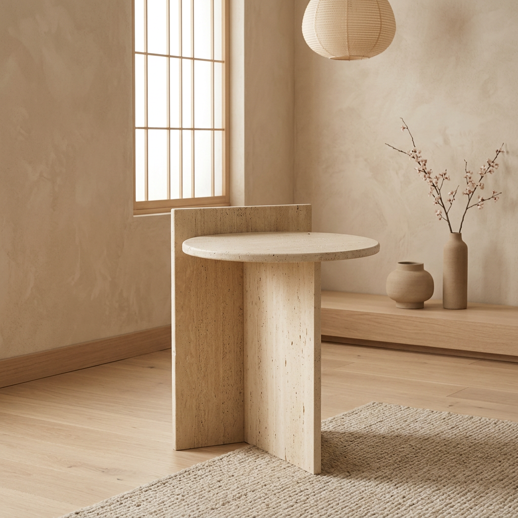 Table de chevet japandi Lind dans un intérieur japandi — Travertin | Maison Japandi