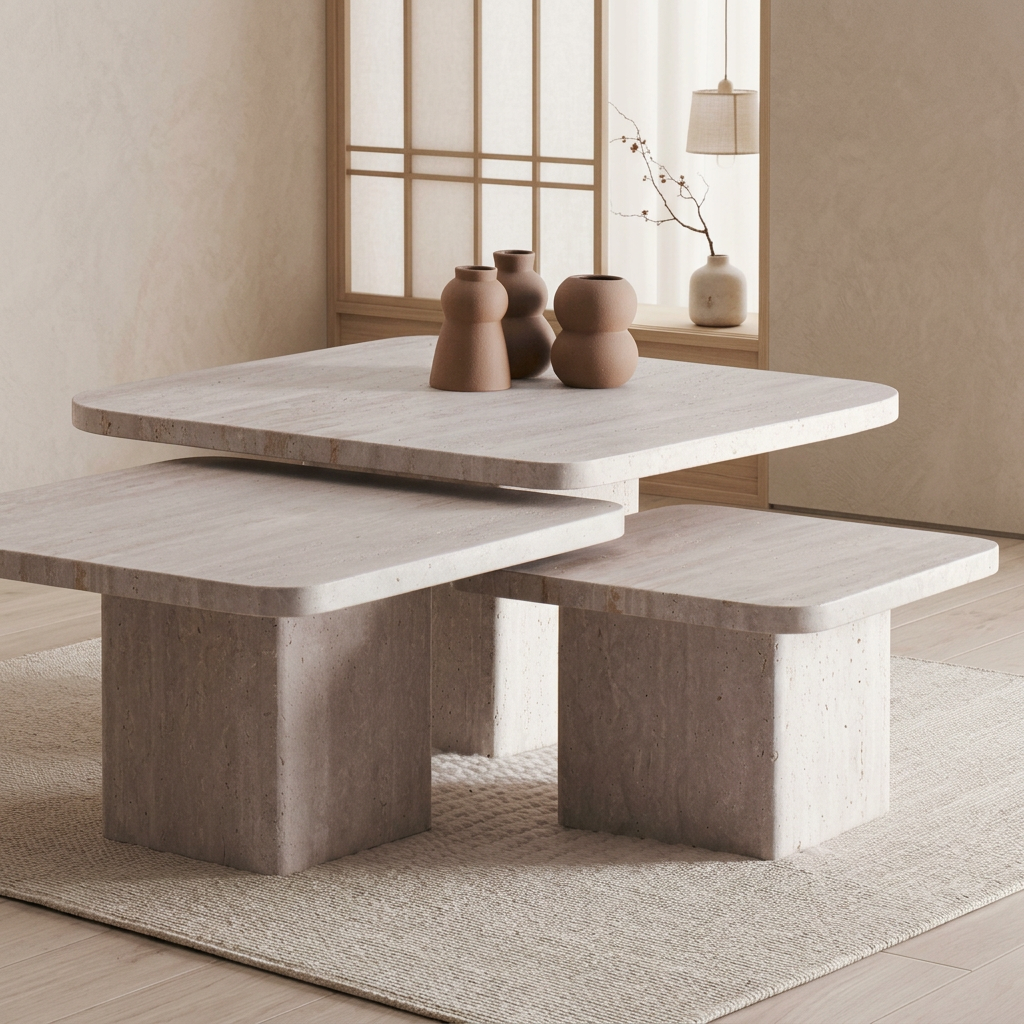 Détail travertin naturel — Table japandi Trio | Maison Japandi