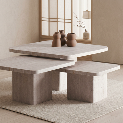 Détail travertin naturel — Table japandi Trio | Maison Japandi