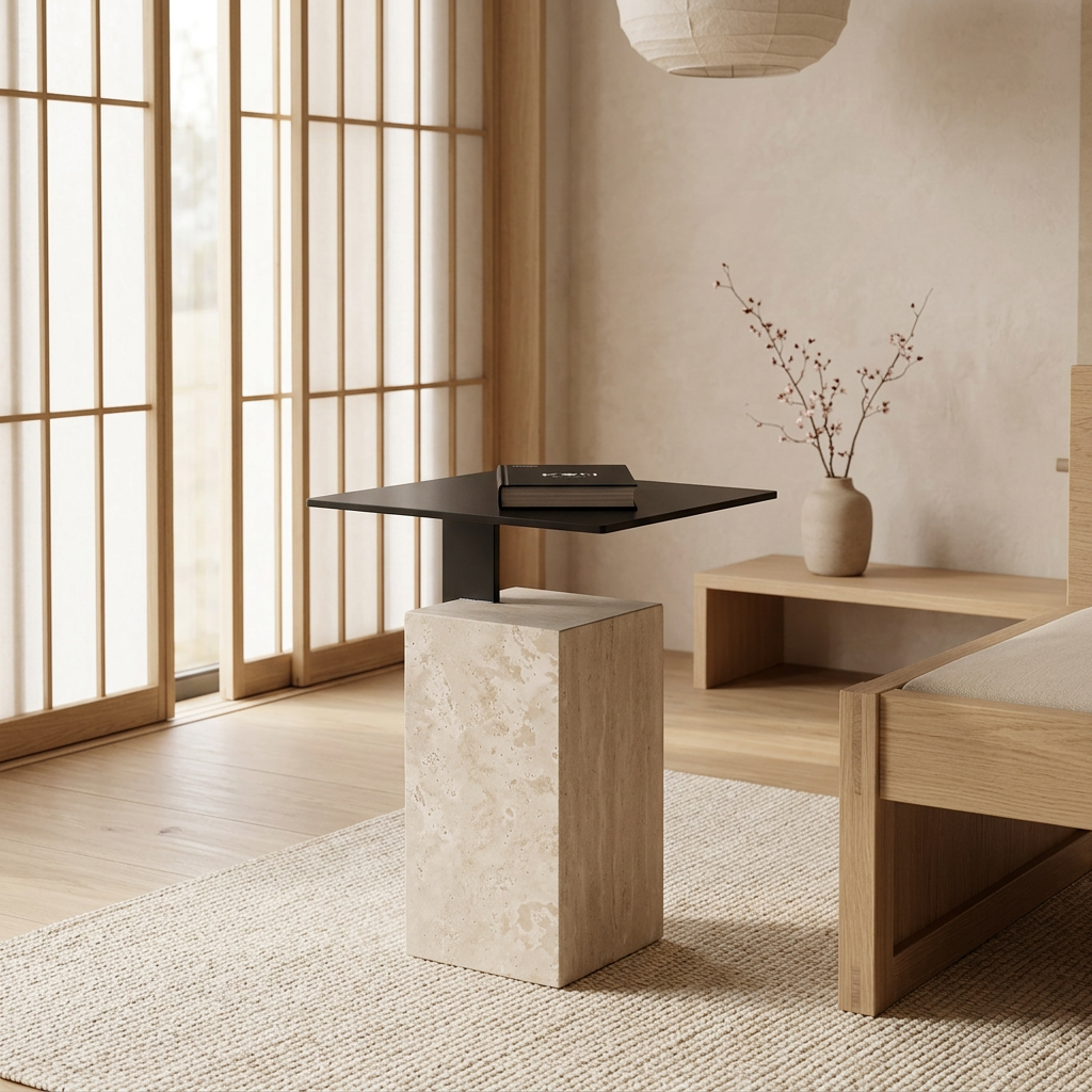 Détail travertin naturel — Table japandi | Maison Japandi