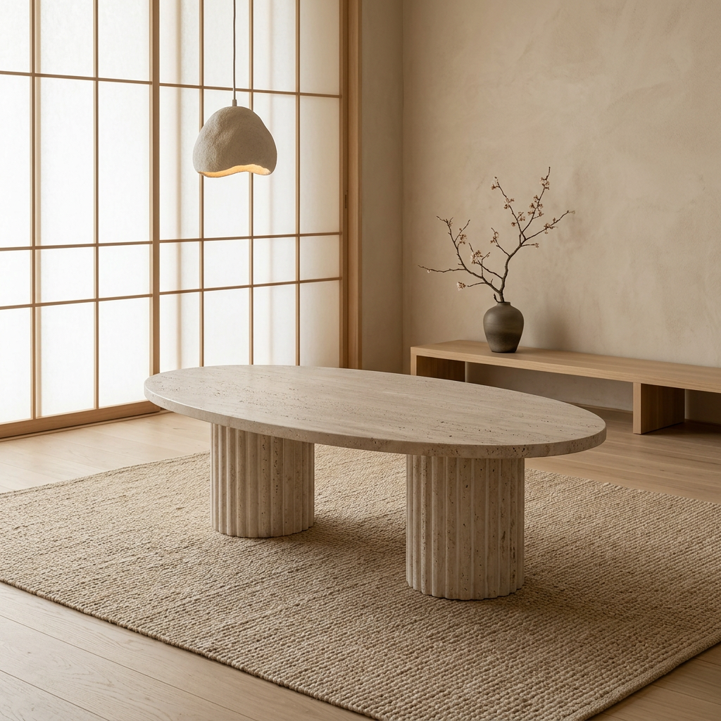 Vue de profil table basse japandi Gan en travertin wabi-sabi | Maison Japandi