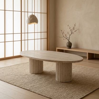 Vue de profil table basse japandi Gan en travertin wabi-sabi | Maison Japandi