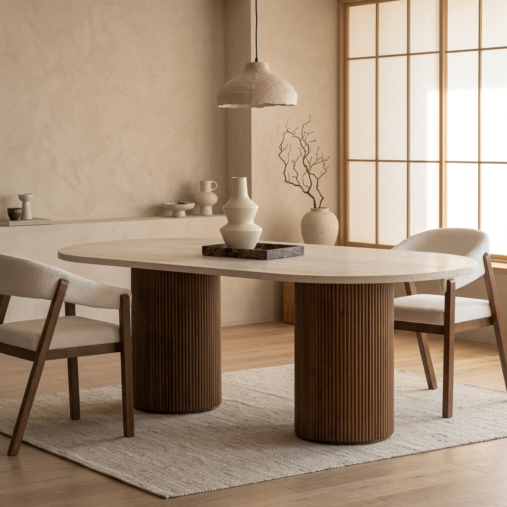 Table à manger japandi Aki dans un intérieur japandi — Travertin | Maison Japandi