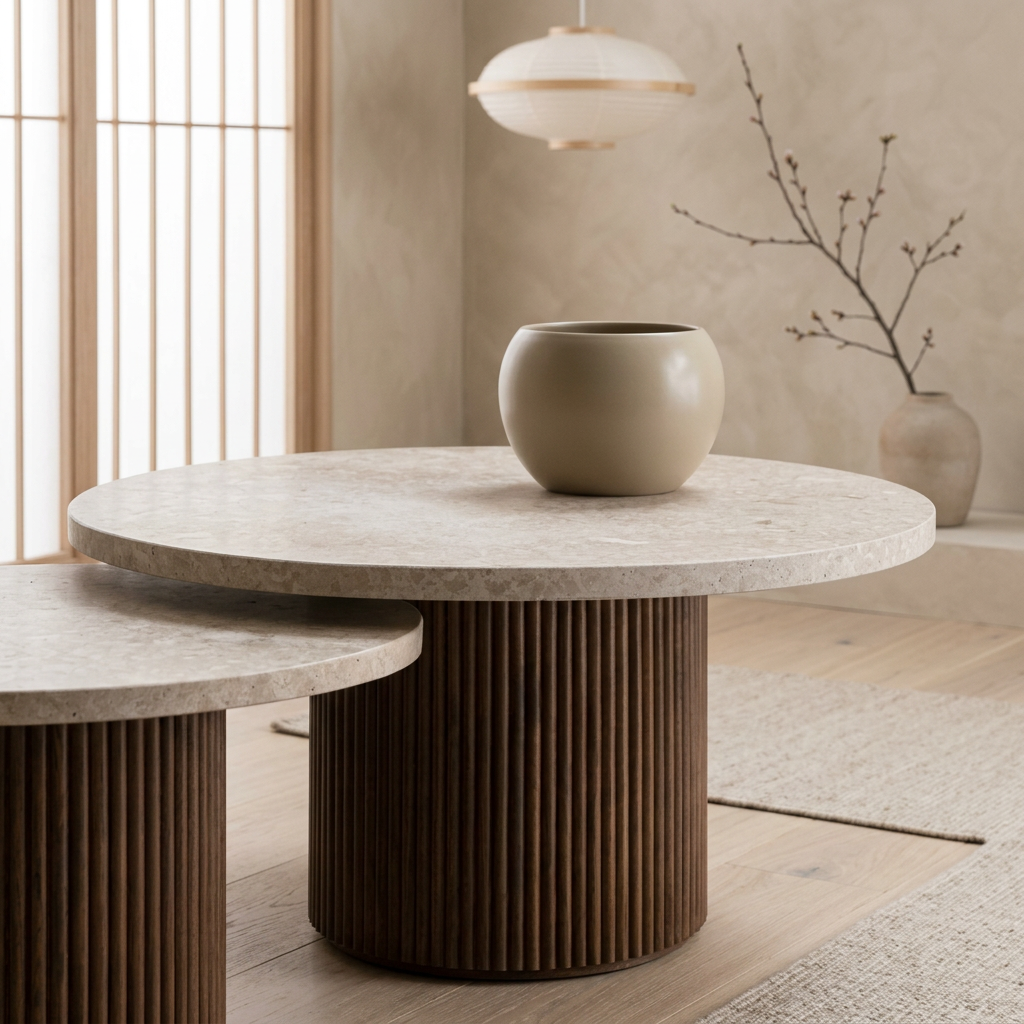 Vue de profil table japandi Trio en travertin wabi-sabi | Maison Japandi