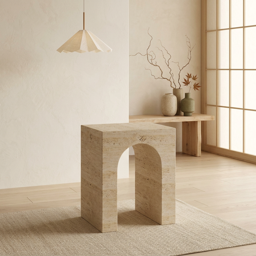 Table de chevet japandi Lund en travertin — Maison Japandi
