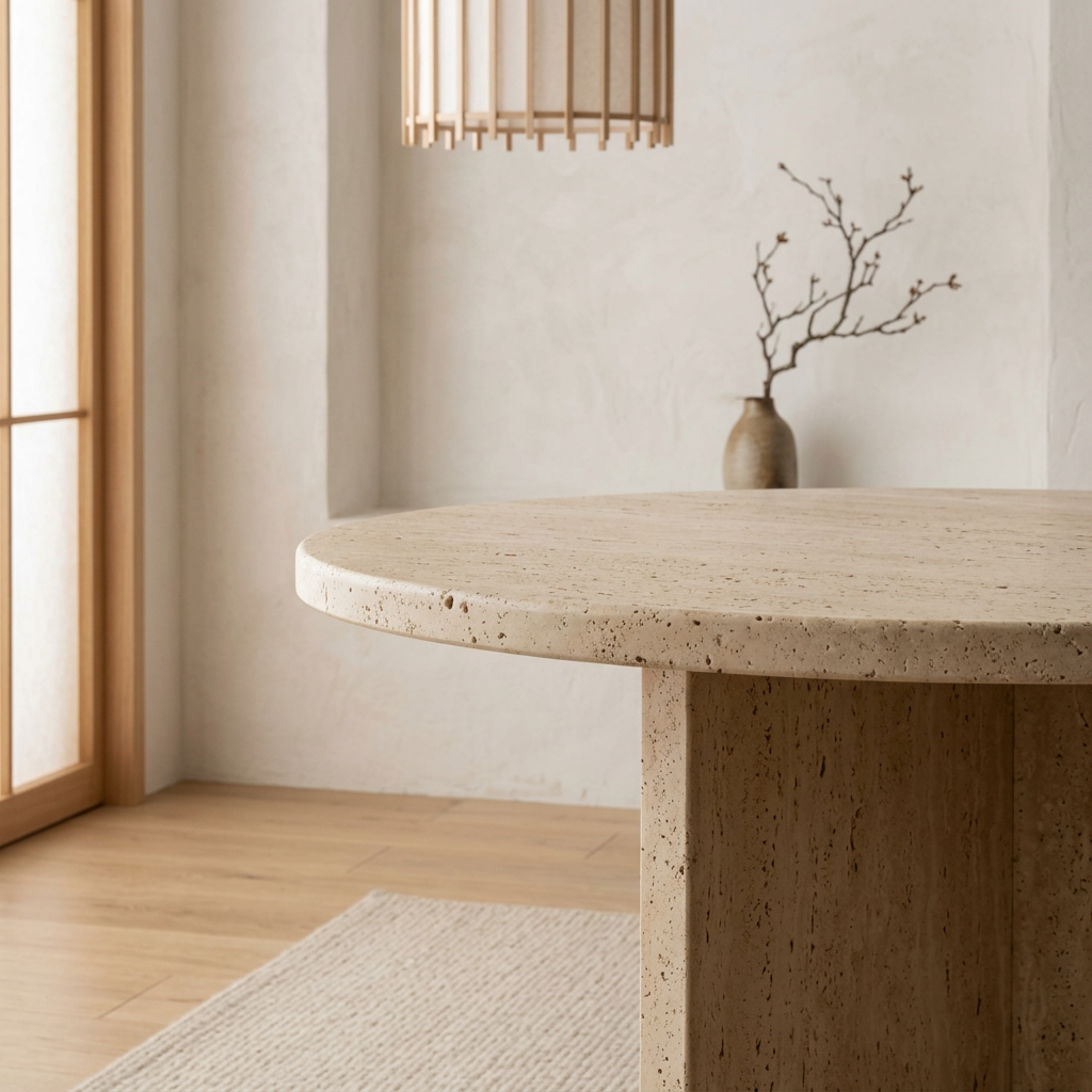 Détail travertin naturel — Table de chevet japandi Lind | Maison Japandi